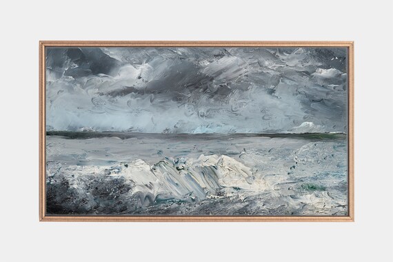 Stormy Ocean Waves Gray Blue Impasto Oil Painting Moody Seascape Poster