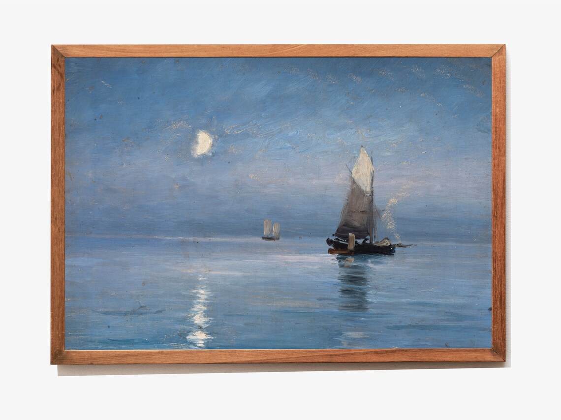 Vintage Moonlit Seascape Painting Moonlight on Ocean Sailboats Night Poster - Image 3