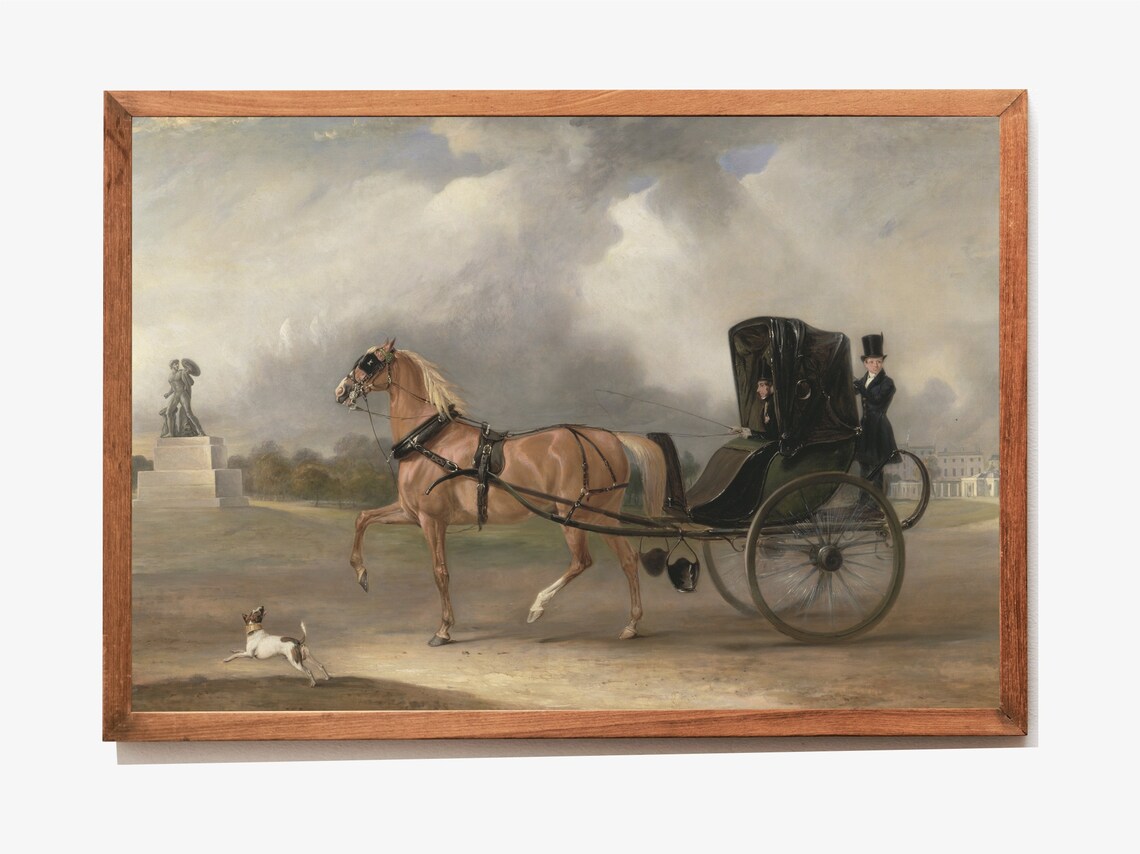 Chestnut Horse Drawing Carriage In Park With Dog Vintage Art Poster - Image 3