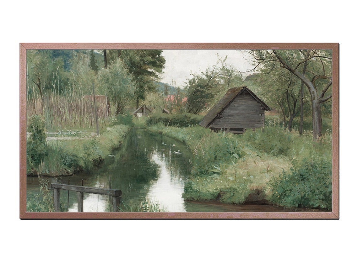 Quiet Village Stream with Wooden Hut Vintage Landscape Painting Poster