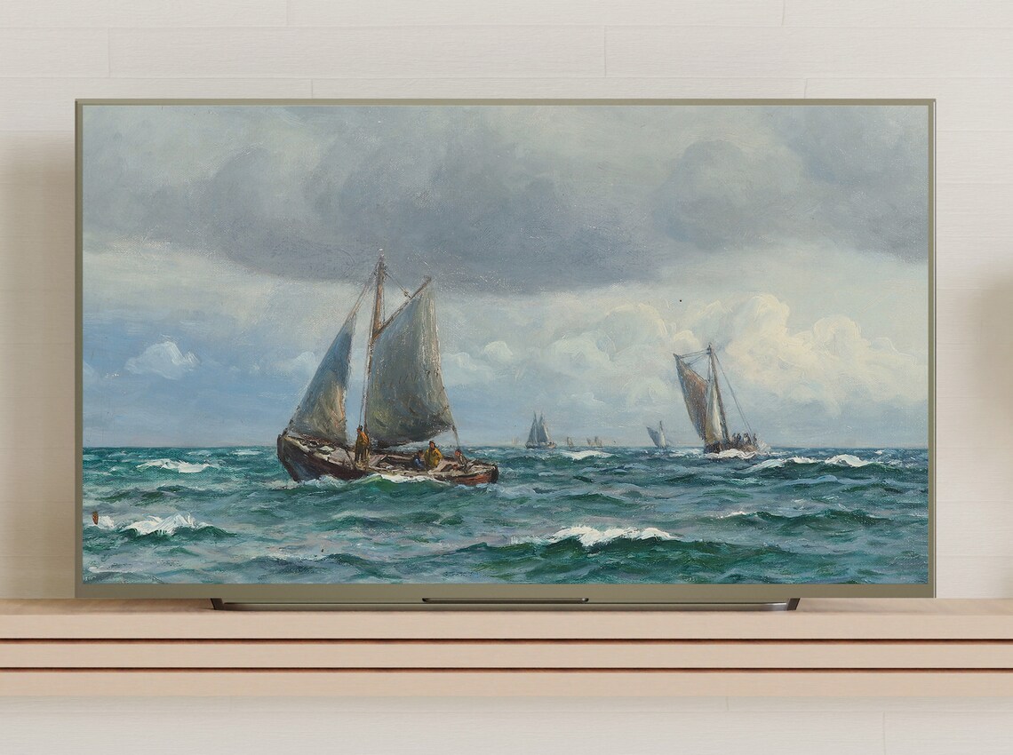 Fishing Sailboats On Rolling Waves Stormy Seascape Vintage Art Poster - Image 3