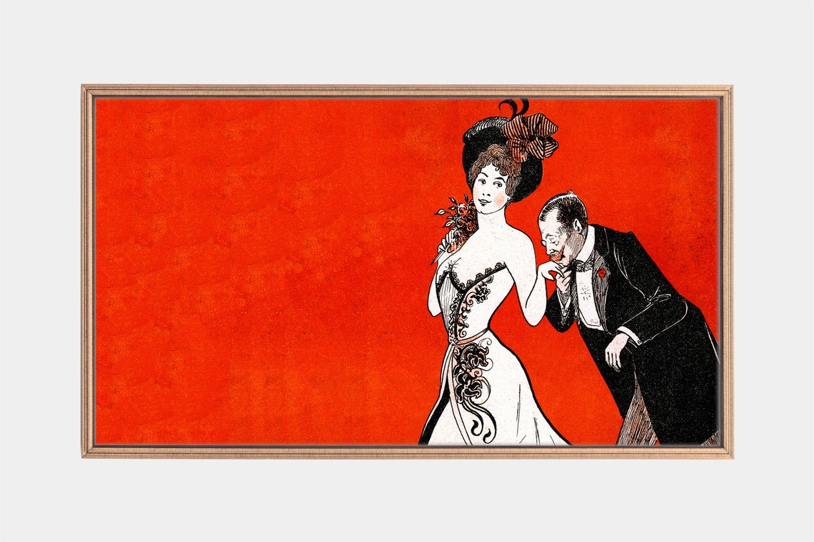 Vintage Art Nouveau Couple Illustration Bold Red Romantic Scene Poster