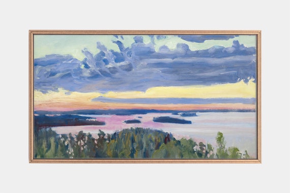 Frame Tv Art Vintage Landscape Paintings Lake At Sunset Paintings Of Sunset Tv Art Instant