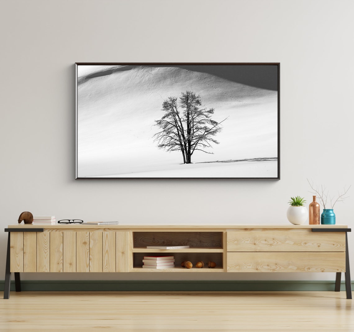 Lone Bare Tree In Vast Snow Dunes Black White Minimalist Winter Poster