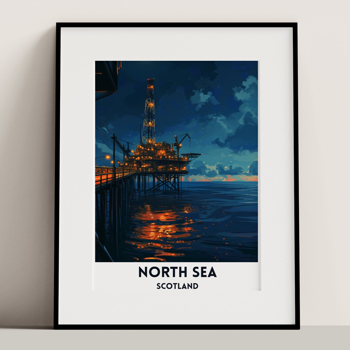 North Sea Oil Rigs At Night, Scottish Travel Poster