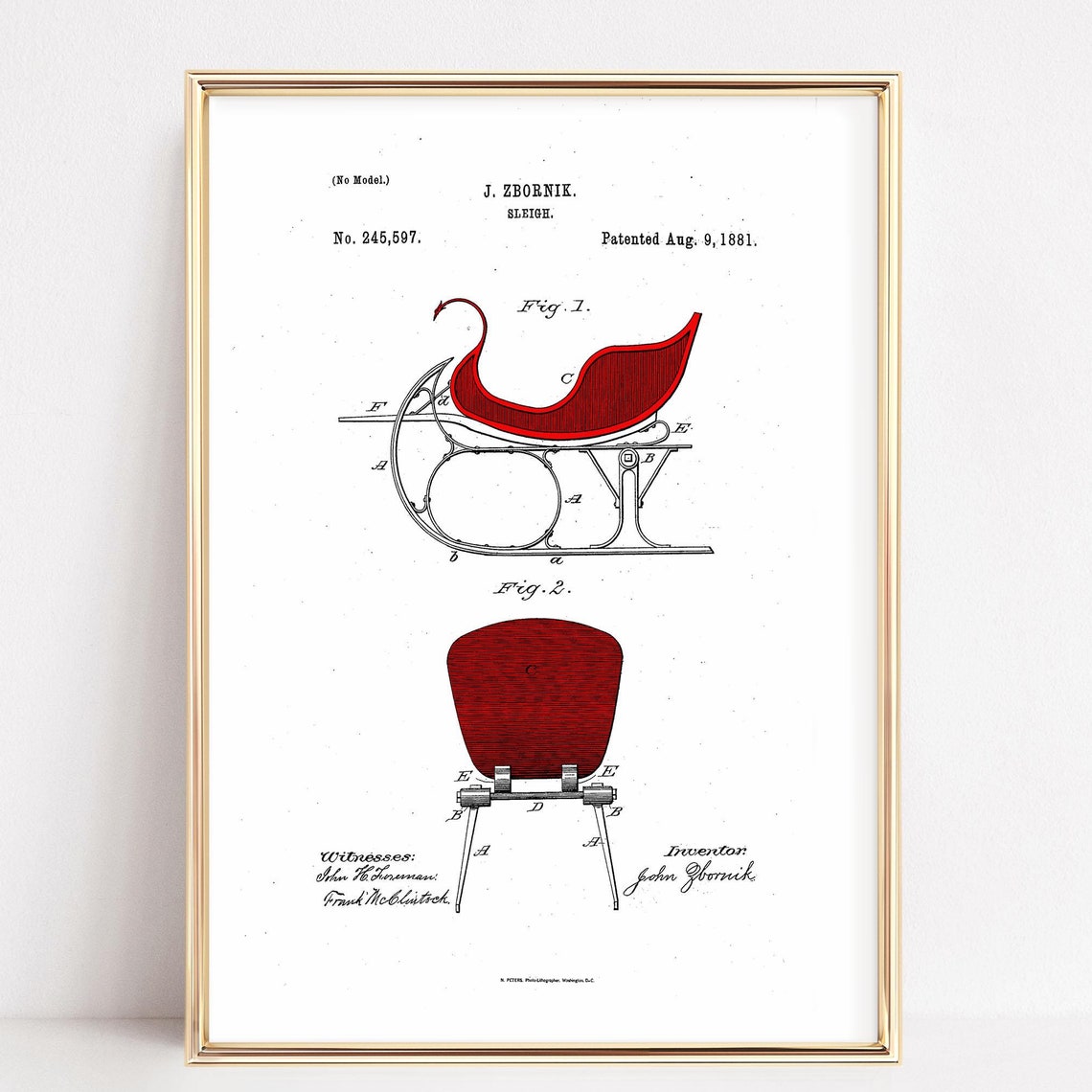 1881 Sleigh Patent Drawing Zbornik Red Sled Vintage Winter Poster