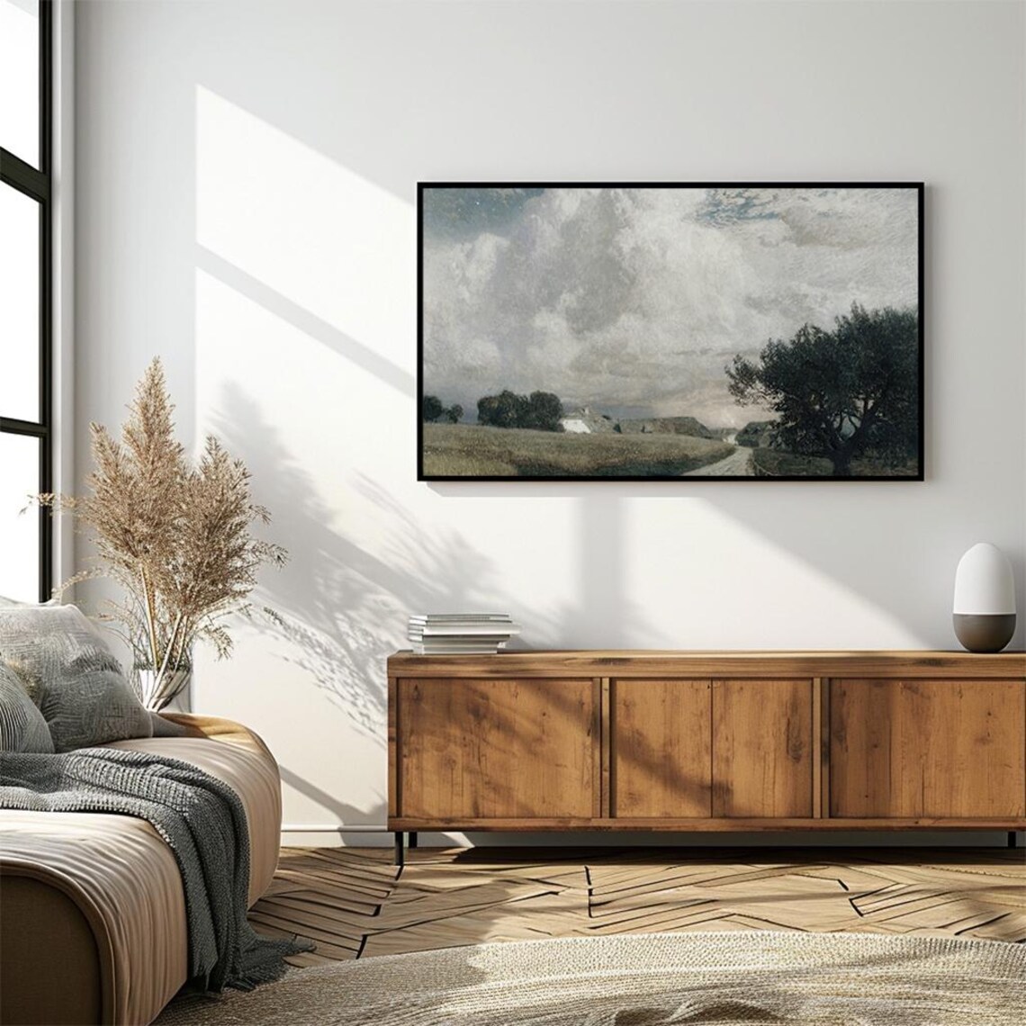 Country Road Under Cloudy Sky Vintage Rural Landscape Painting Poster - Image 4