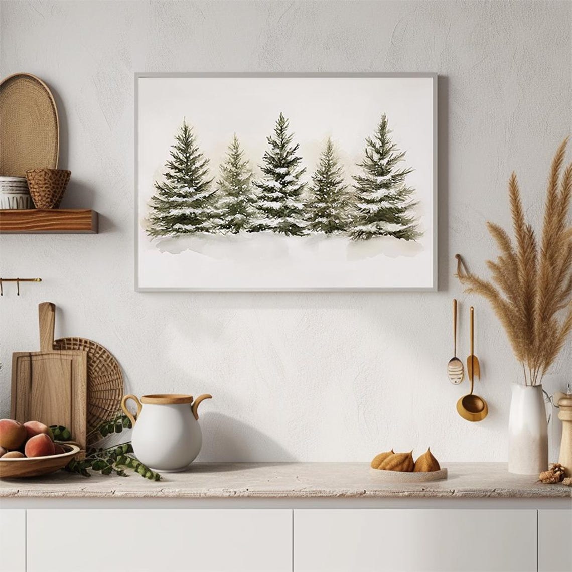 Snowy Pine Trees Watercolor Row Soft Winter Forest Painting Poster - Image 2