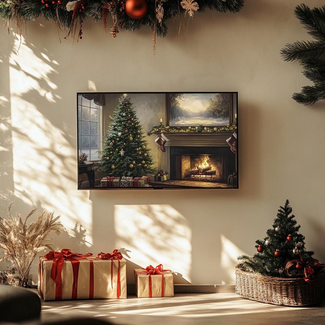 Cozy Christmas Fireplace With Decorated Tree Stockings Poster - Image 3