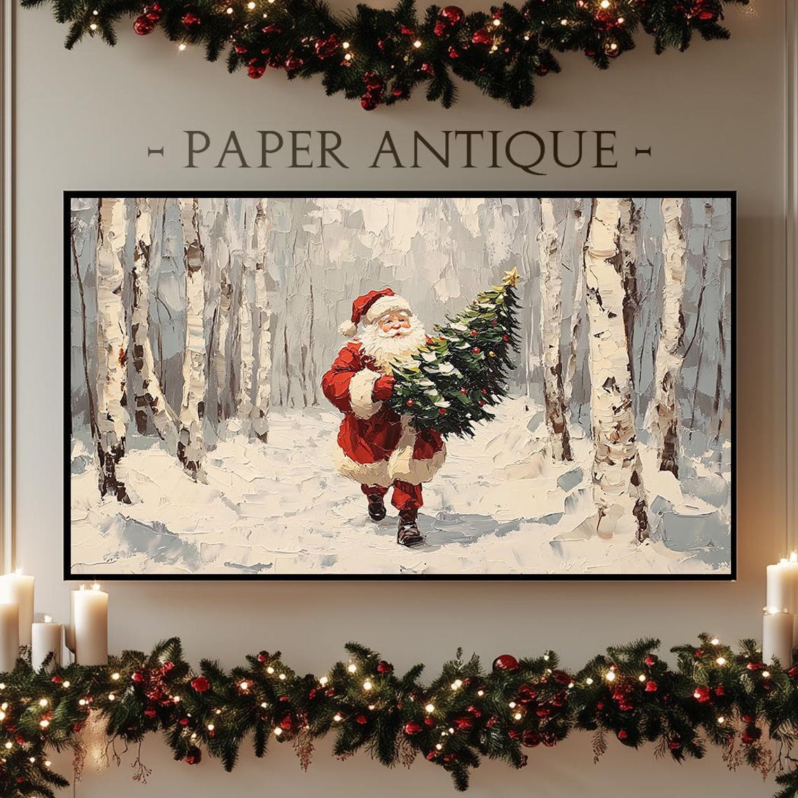 Santa Carrying Christmas Tree Snowy Birch Forest Painting Poster