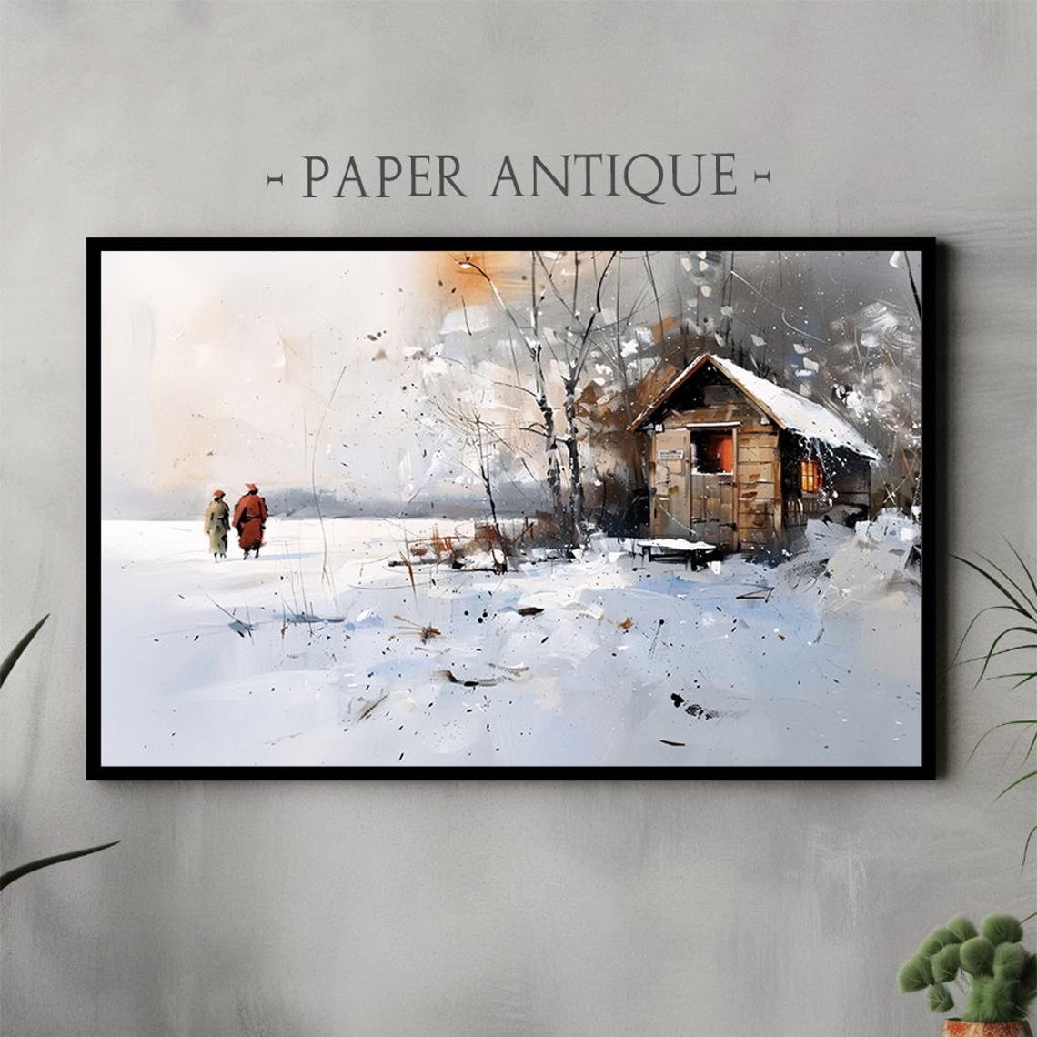 Snowy Log Cabin in Winter Two Walkers Impressionist Art Poster