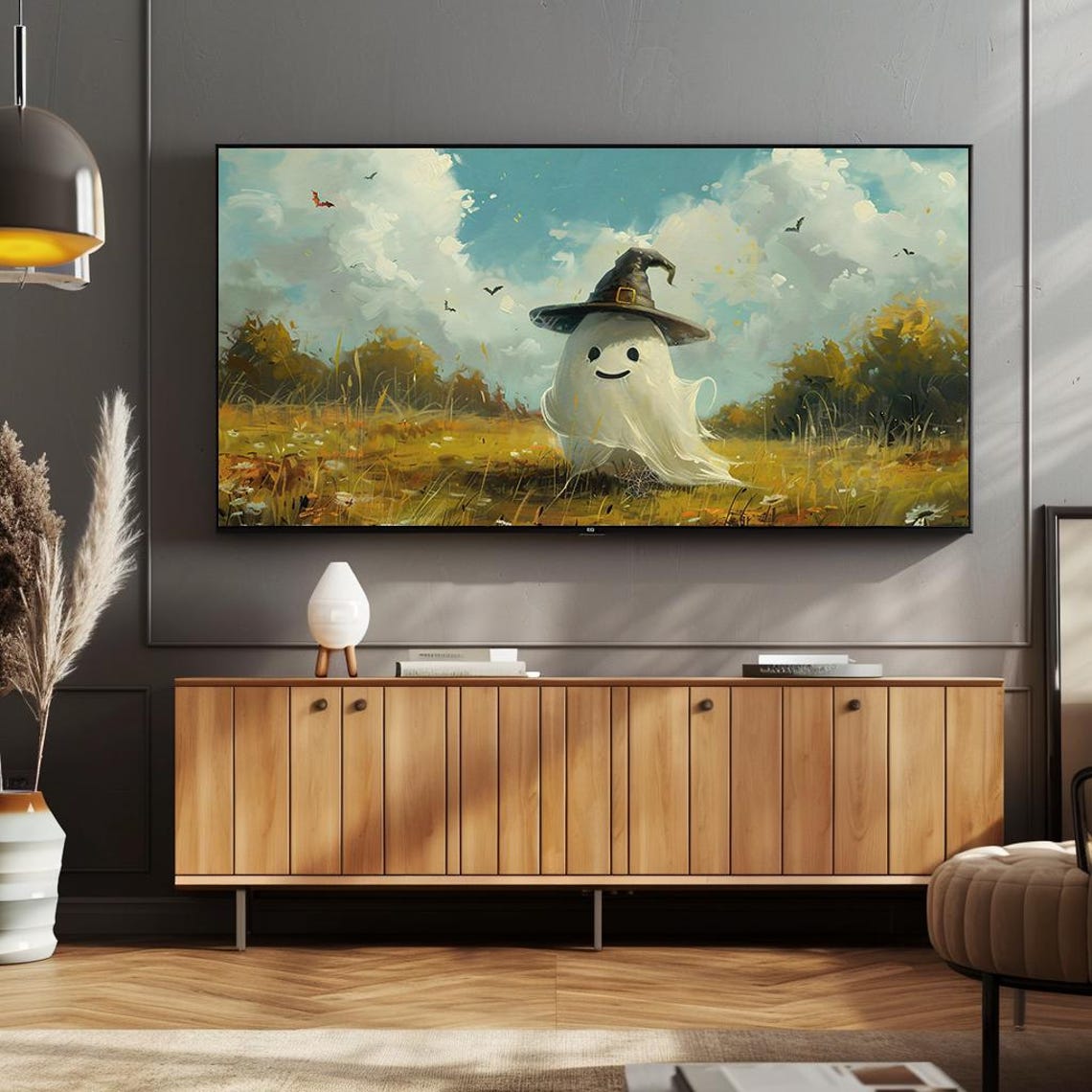 Cute Ghost Witch Hat Autumn Field Bats Whimsical Halloween Poster - Image 3
