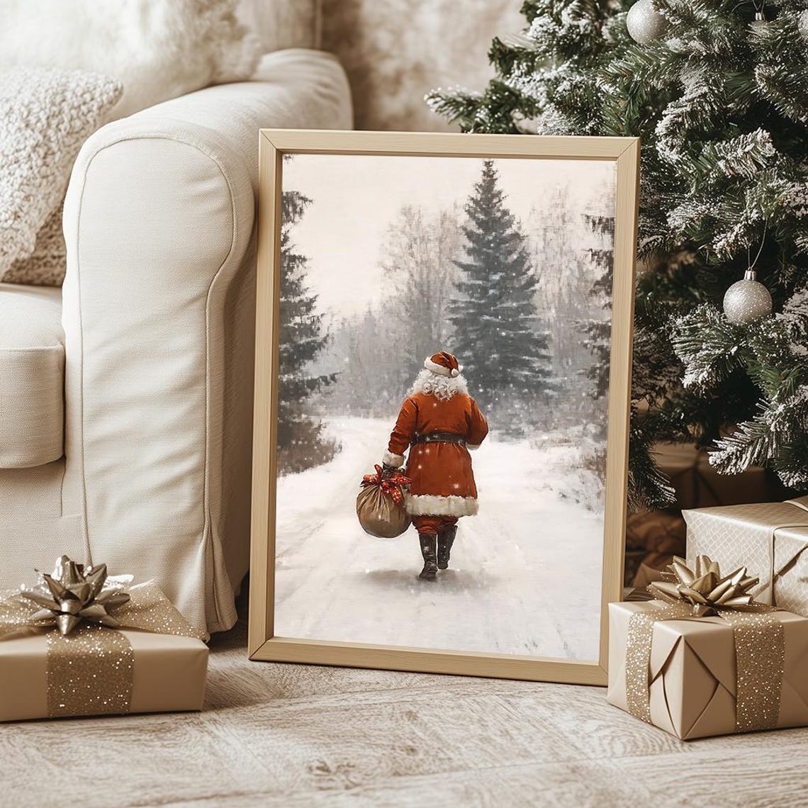 Santa Claus with Gift Sack Walking Through Snowy Forest Poster - Image 5