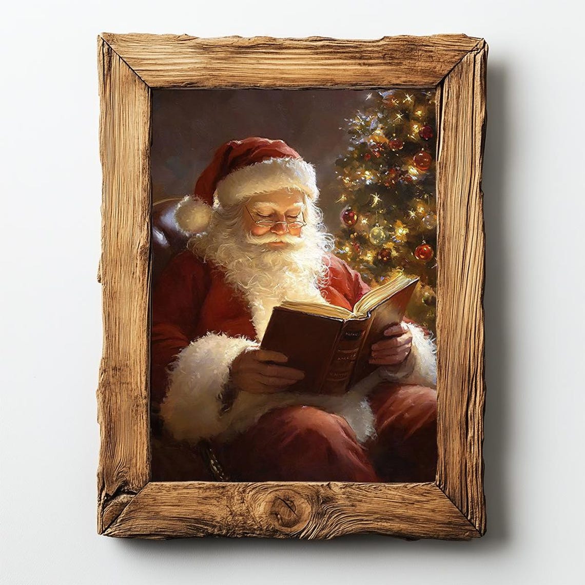 Santa Claus Reading Glowing Book By Lit Christmas Tree Poster - Image 2