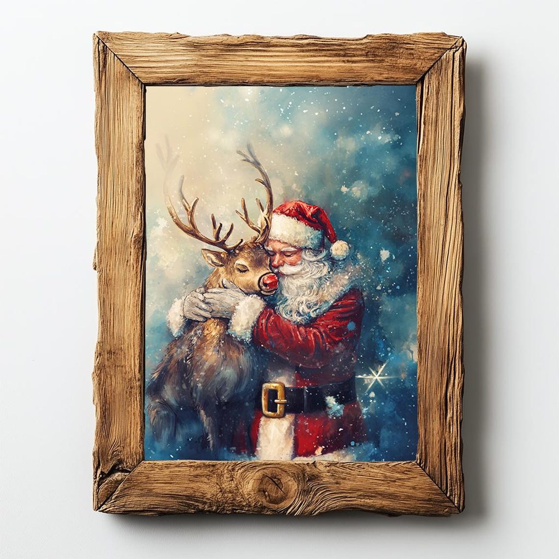 Santa Claus Hugging Reindeer Snowy Night Painterly Christmas Poster - Image 2