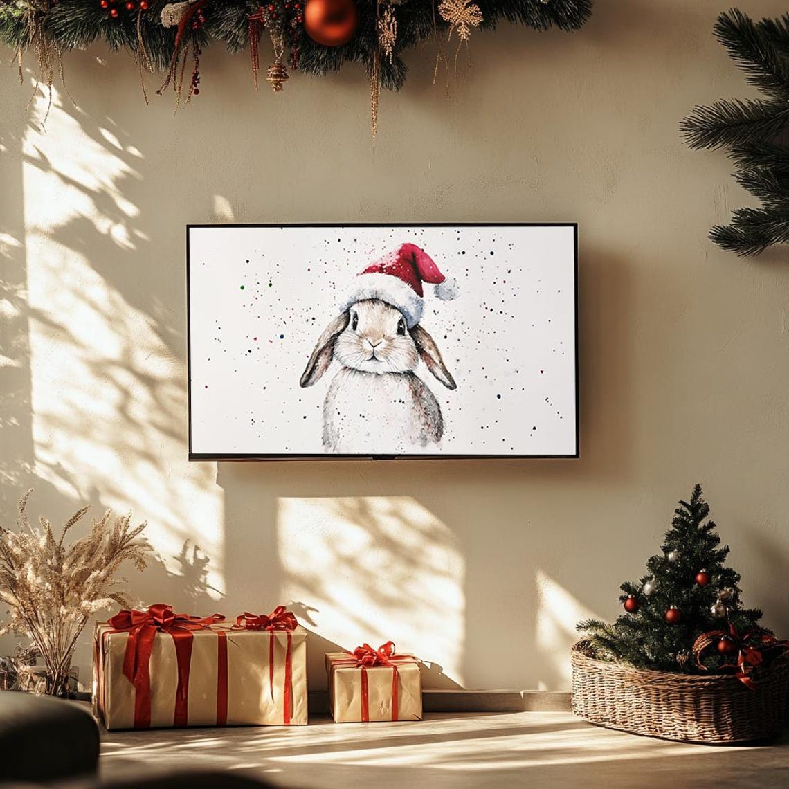 Festive Bunny in Santa Hat Playful Watercolor Christmas Poster - Image 3