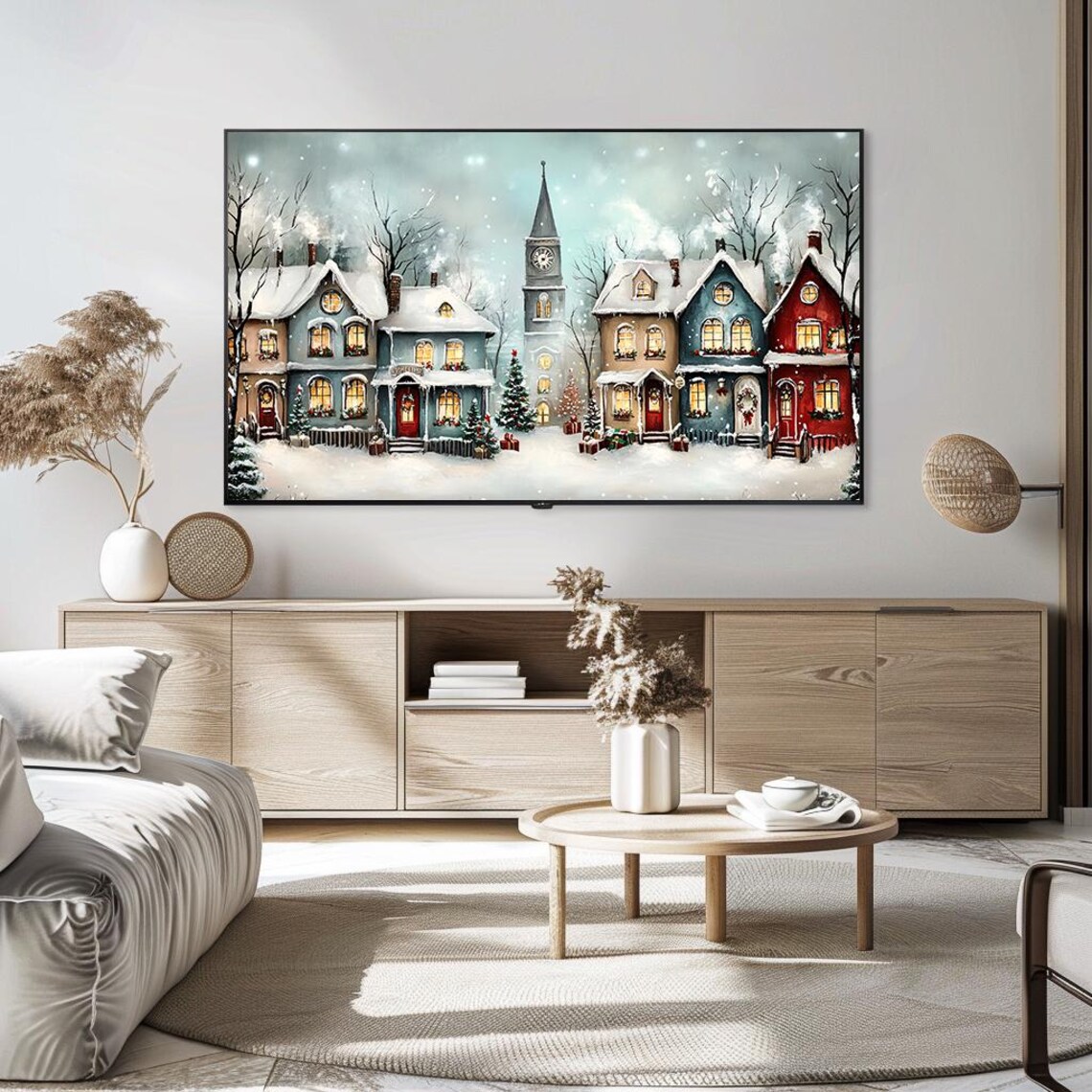 Snowy Christmas Village Street Clock Tower Watercolor Poster - Image 5