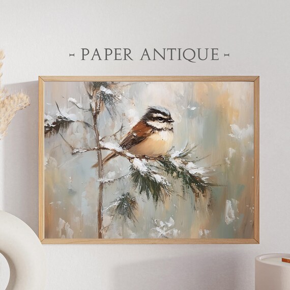 Small Songbird Resting on Snowy Pine Branch Soft Winter Art Poster