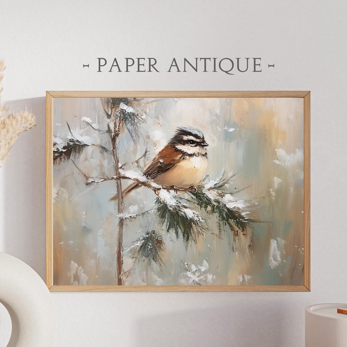 Small Songbird Resting on Snowy Pine Branch Soft Winter Art Poster