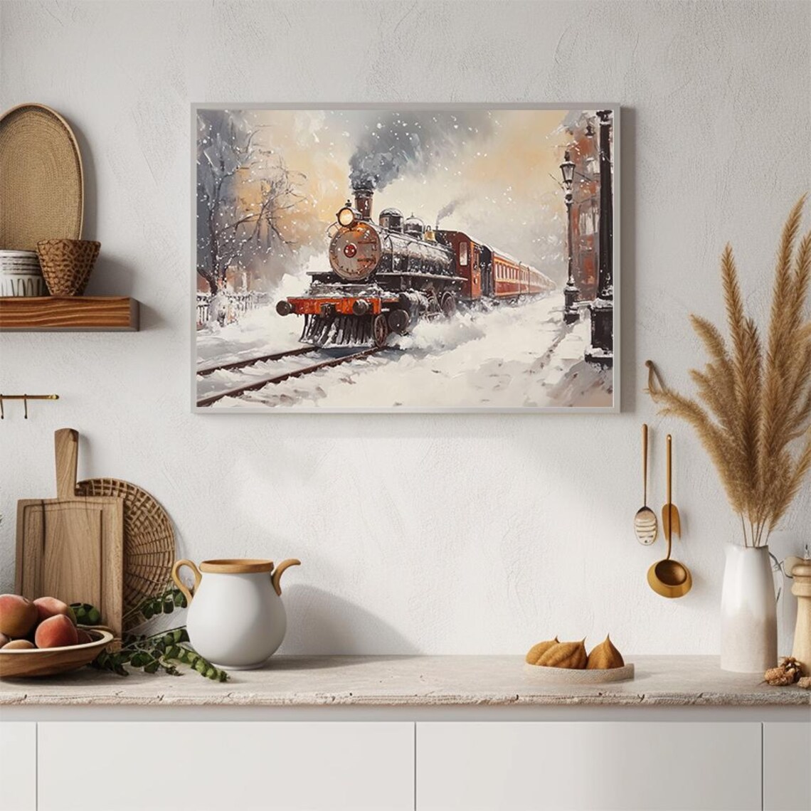Vintage Steam Train in Snowy Town Winter Oil Painting Poster - Image 2