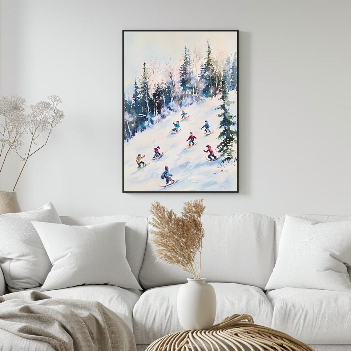 Kids Sledding Down Snowy Hill Watercolor Winter Scene Poster - Image 4