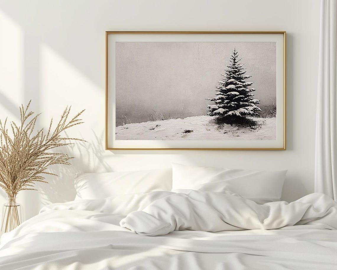 Lone Snow Covered Pine Tree Minimalist Winter Landscape Oil Poster - Image 2