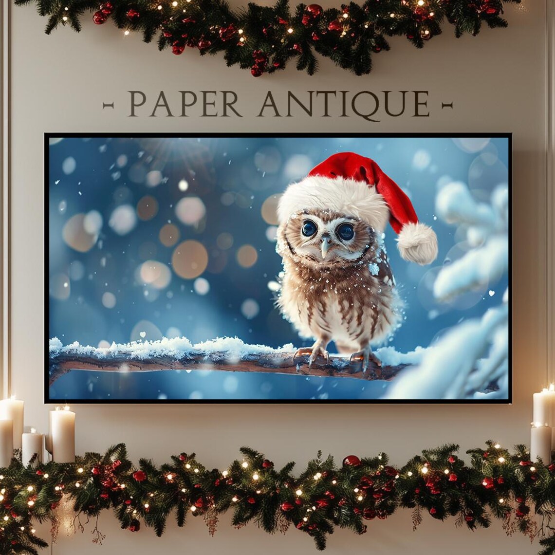 Cute Baby Owl Wearing Santa Hat Snowy Branch Winter Art Poster