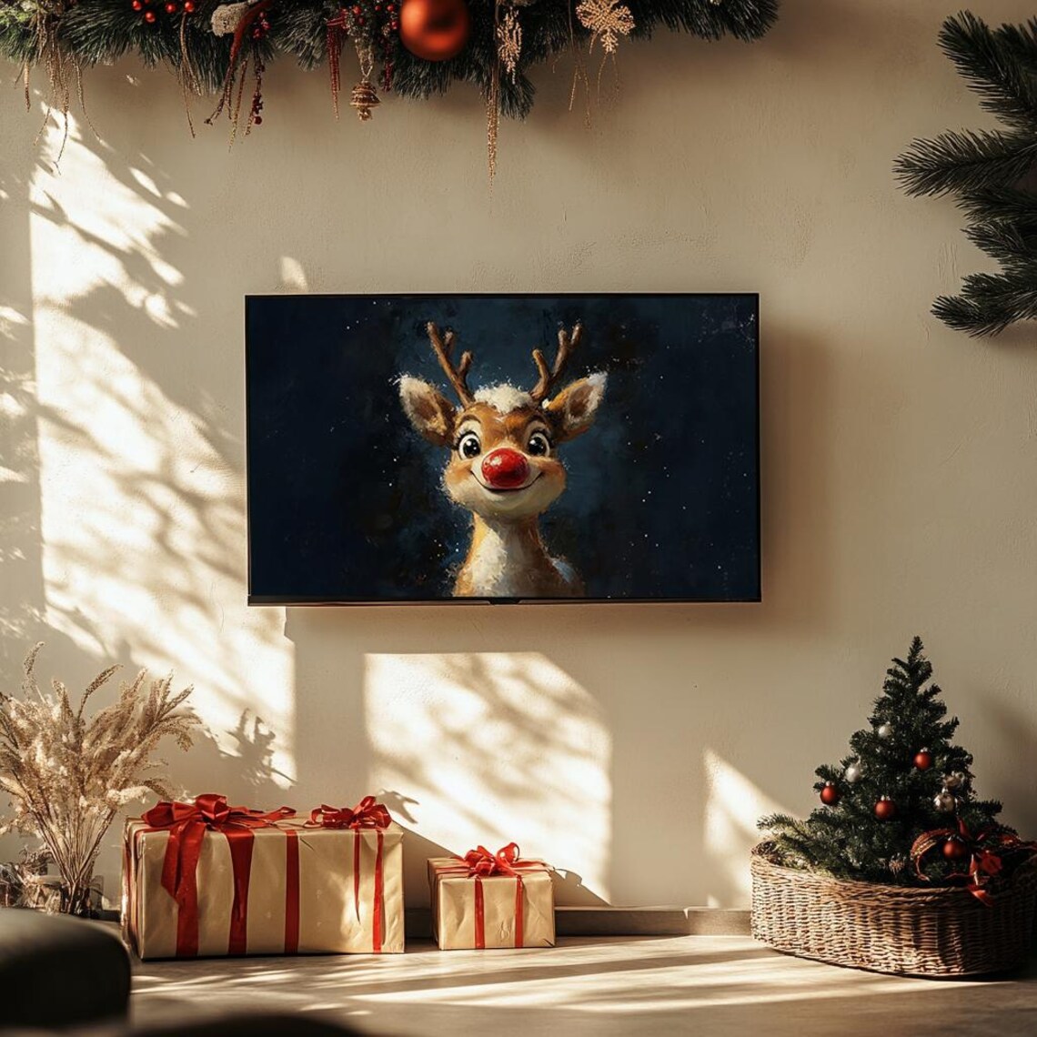 Smiling Red Nosed Reindeer Portrait Starry Christmas Art Poster - Image 3