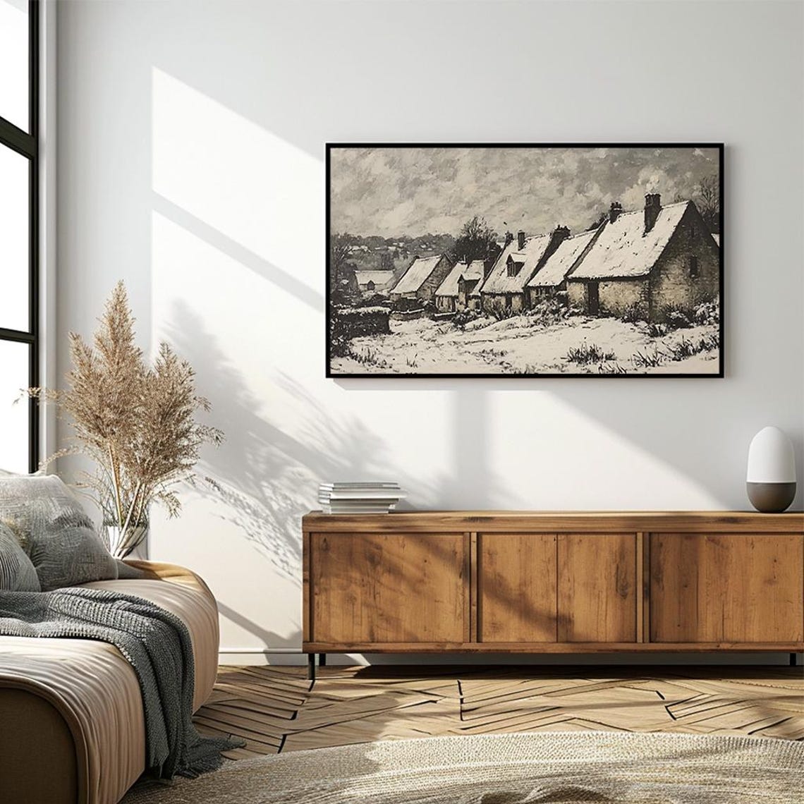 Snowy Cottages Vintage Winter Landscape Muted Oil Painting Cozy Poster - Image 4