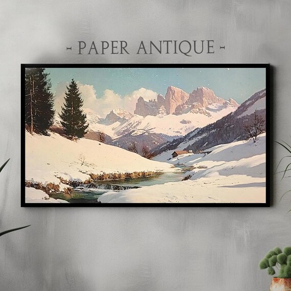 Snowy Alpine Valley Mountain Stream Winter Landscape Art Poster