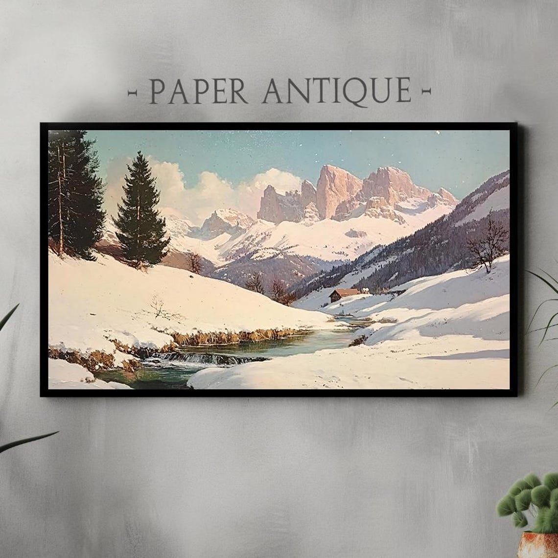 Snowy Alpine Valley Mountain Stream Winter Landscape Art Poster