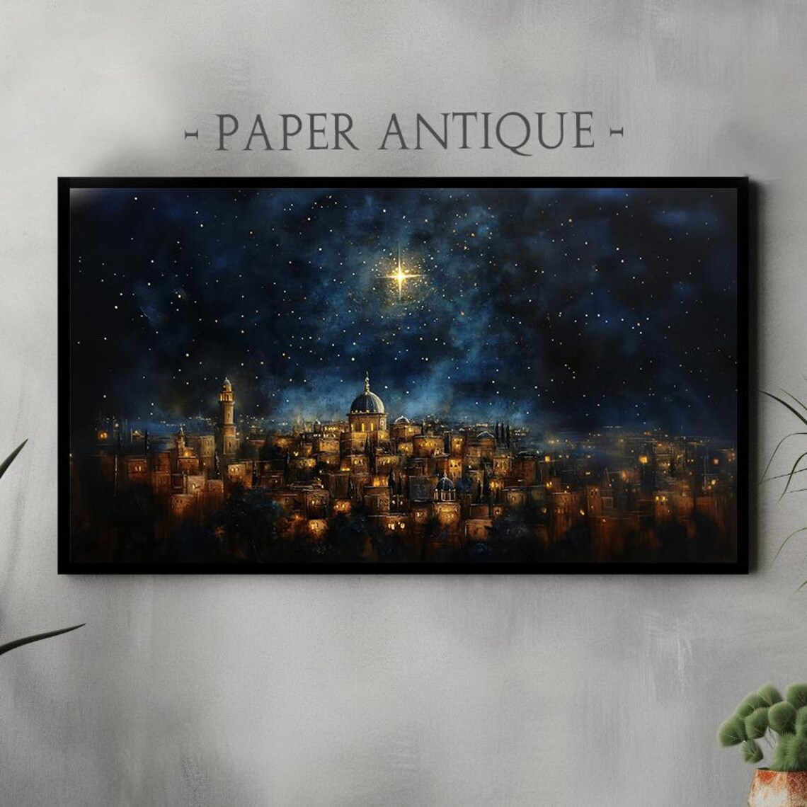 Starry Night Over Cityscape Oil Painting Serene Christmas Star Poster
