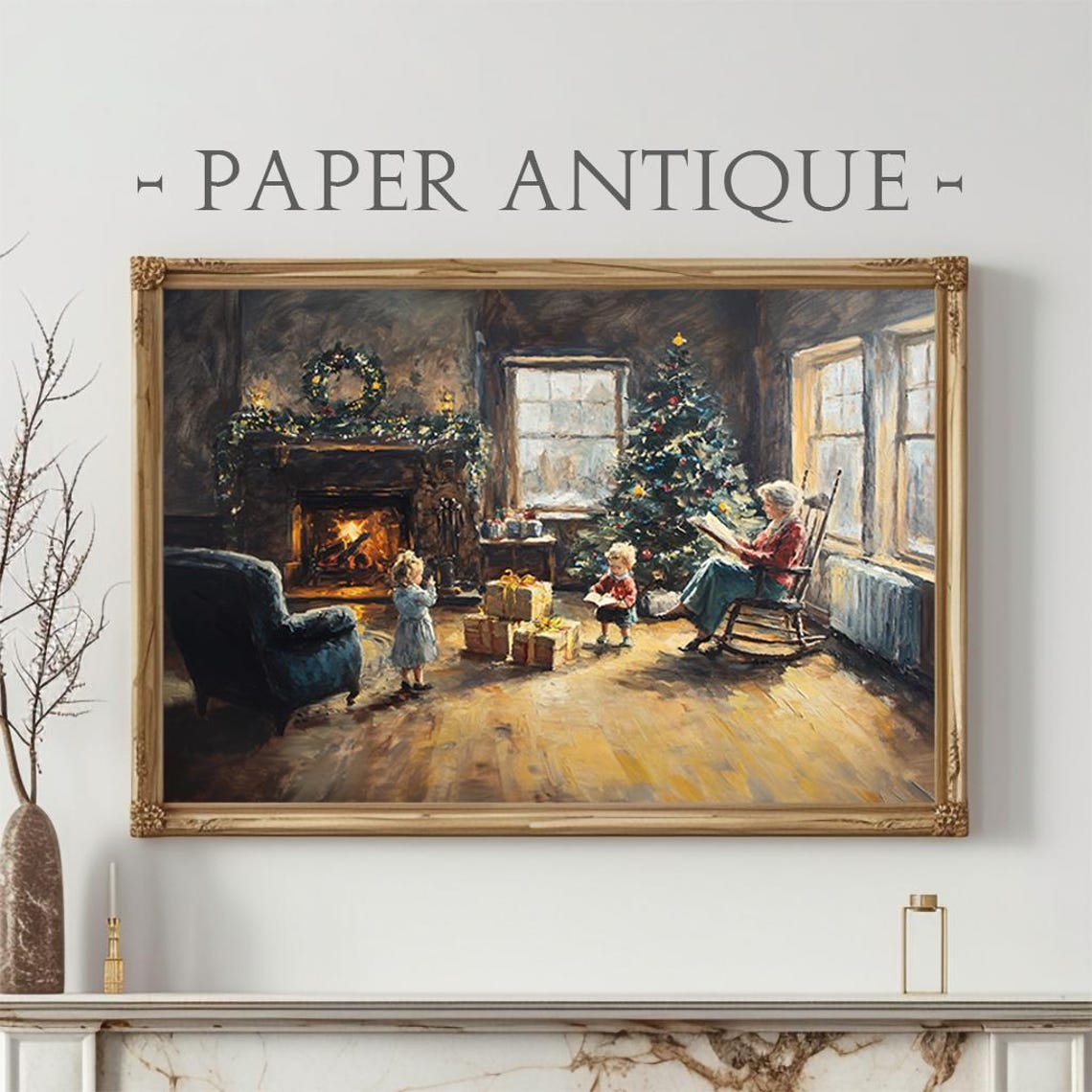 Grandmother Reading to Children by Fireplace Christmas Evening Poster