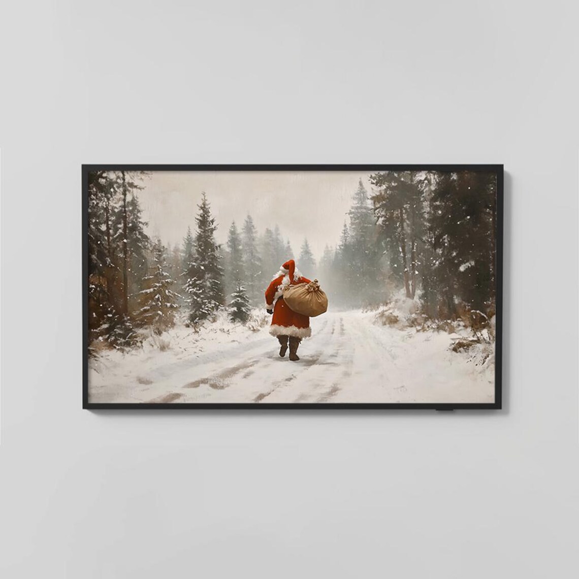 Santa Claus Walking Through Snowy Forest Vintage Oil Art Poster - Image 2