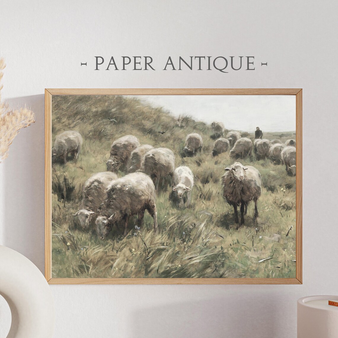 Pastoral Sheep Grazing Field Shepherd Vintage Oil Painting Poster