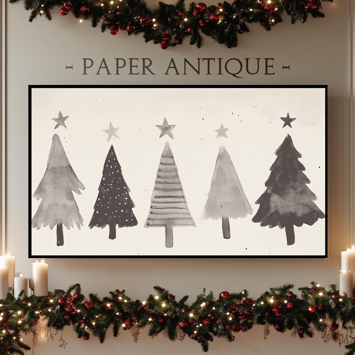 Minimalist Gray Christmas Trees With Stars Simple Holiday Poster