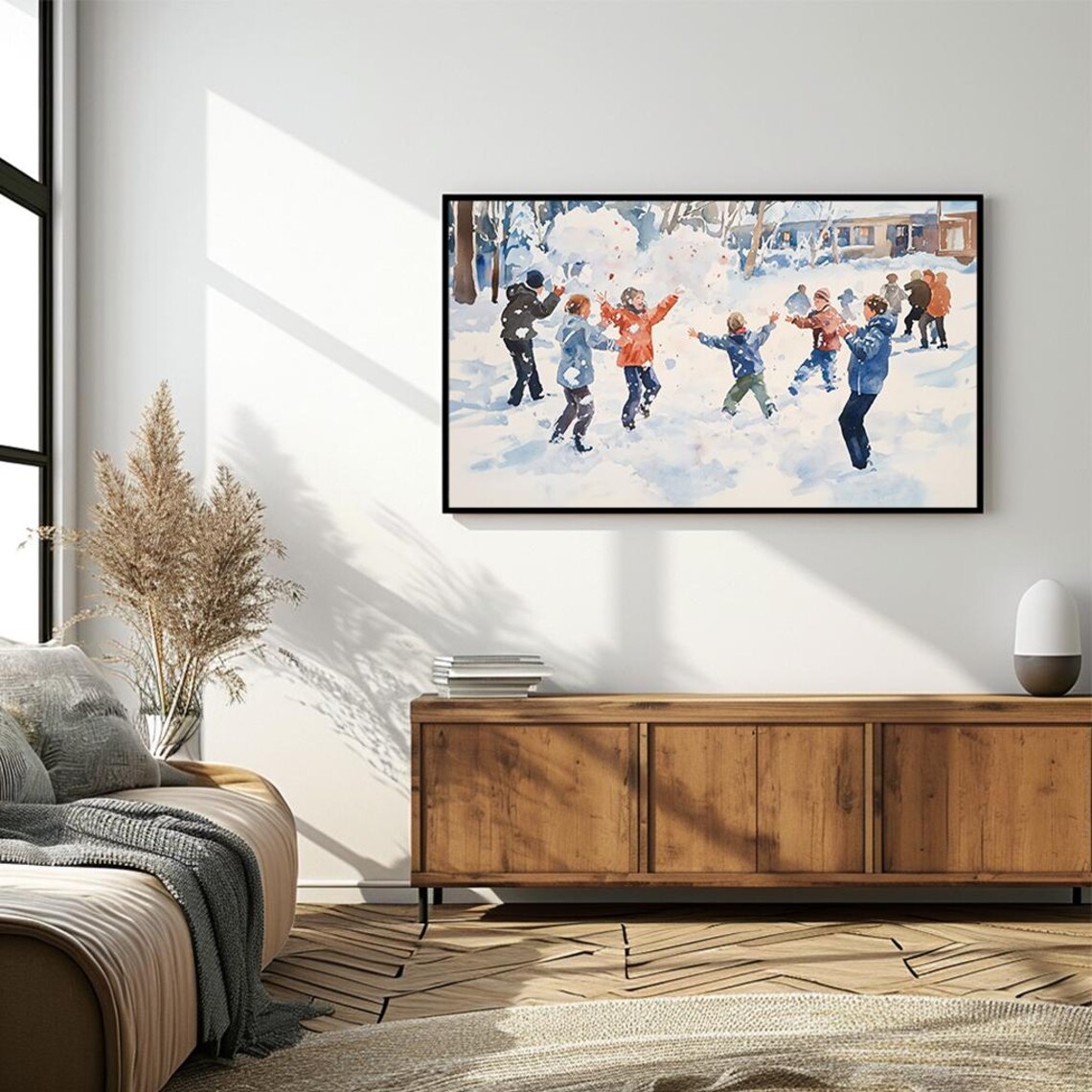 Children Snowball Fight Joyful Winter Play Watercolor Scene Poster - Image 4