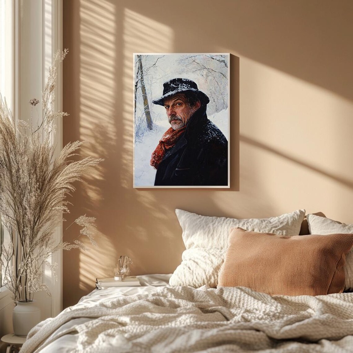 Man In Snowy Winter Red Scarf Moody Portrait Painting Poster - Image 2