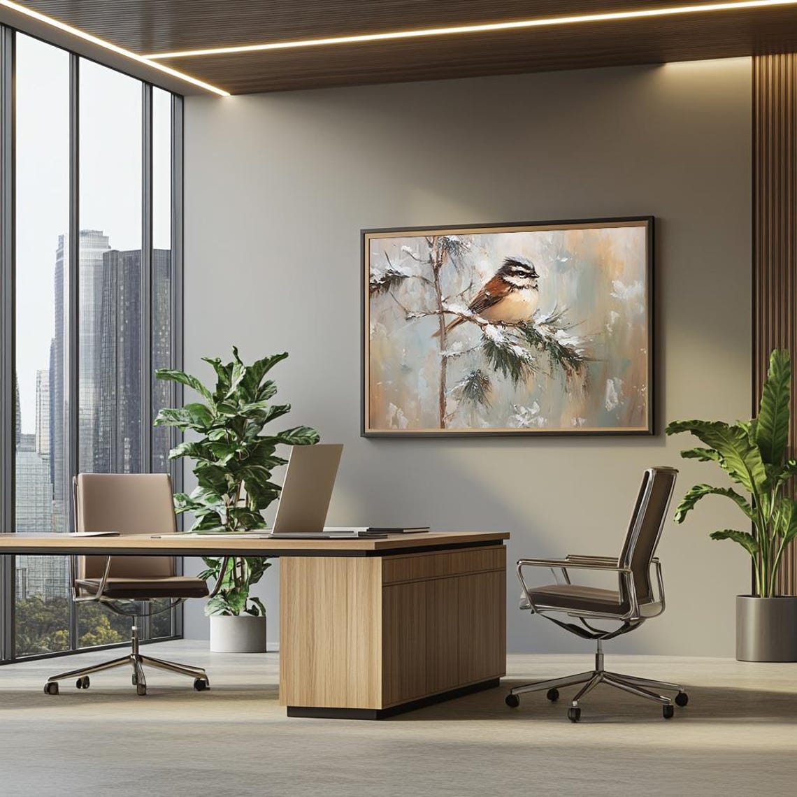 Small Songbird Resting on Snowy Pine Branch Soft Winter Art Poster - Image 3