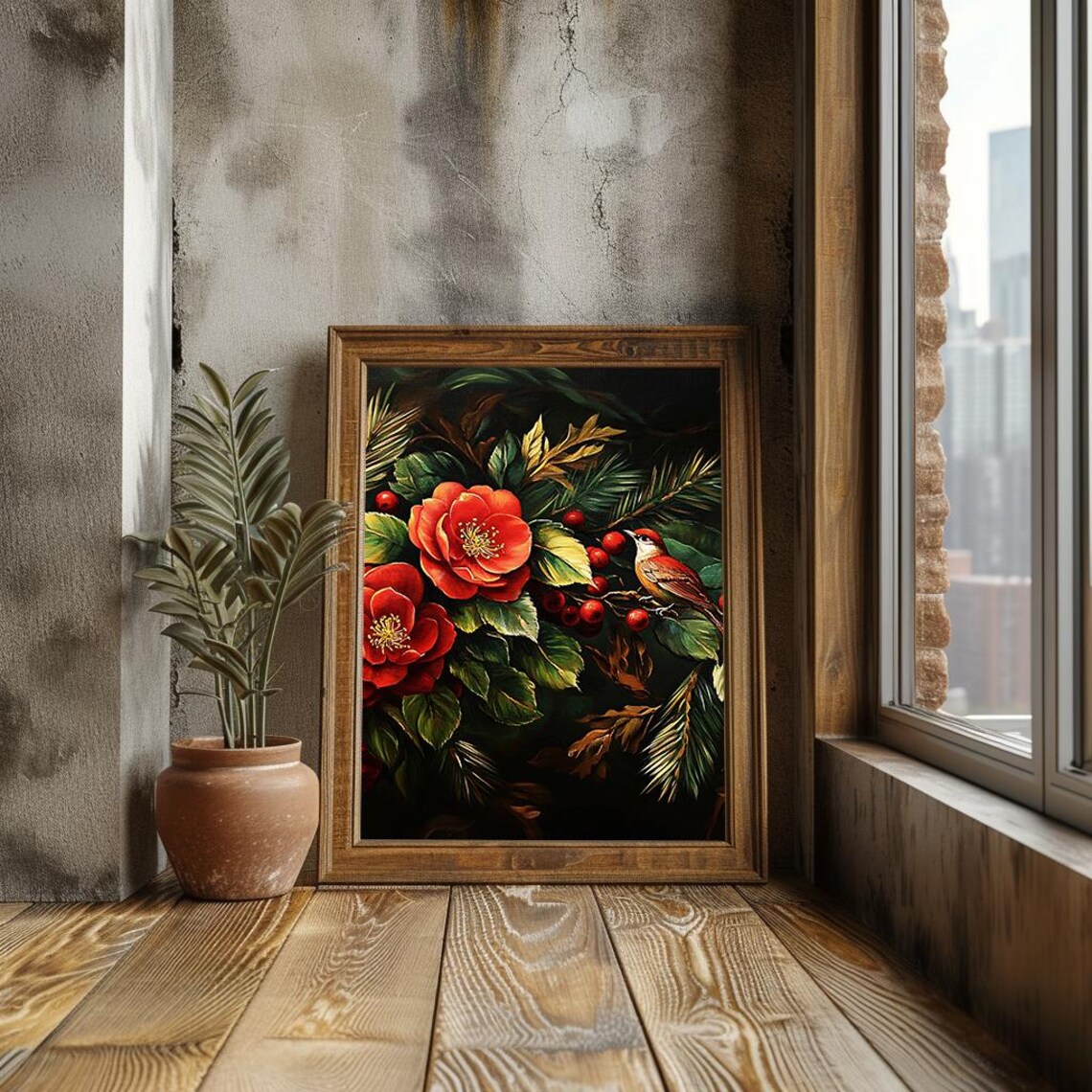 Red Camellias And Berries With Bird Moody Floral Oil Painting Poster - Image 3