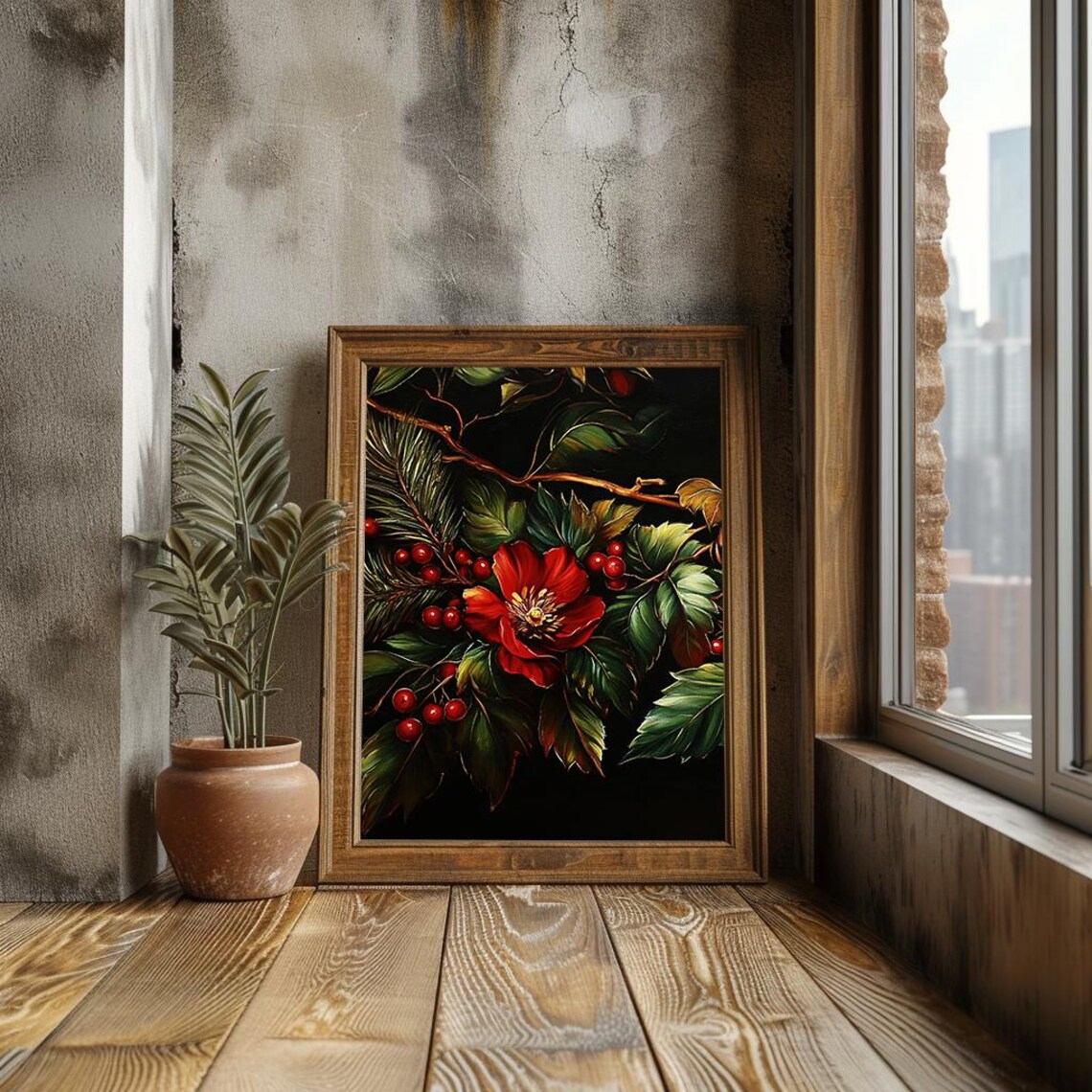 Christmas Floral Arrangement Red Poinsettia And Berries Vintage Holiday Oil Painting Wall Art Print Pt - Image 3