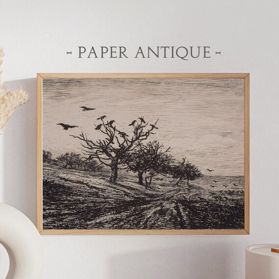 Birds On Bare Winter Tree Black Ink Sketch Etched Art Poster