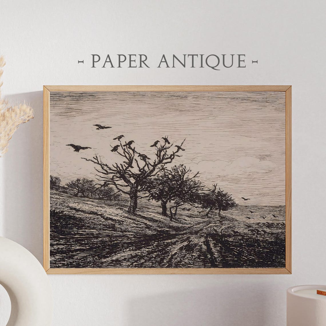 Birds On Bare Winter Tree Black Ink Sketch Etched Art Poster