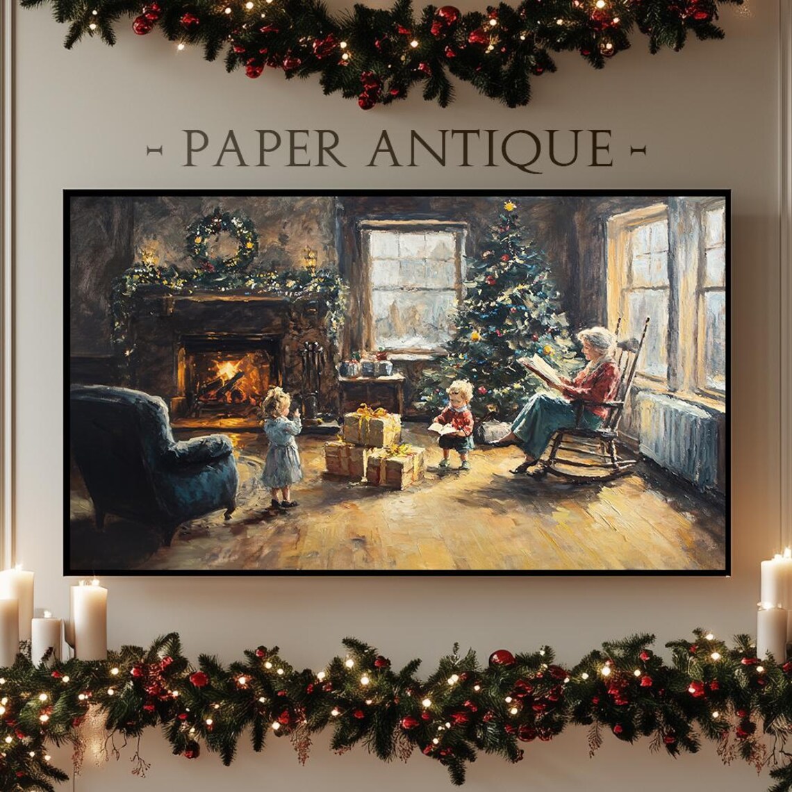 Family Around Fireplace With Christmas Tree Cozy Holiday Scene Poster