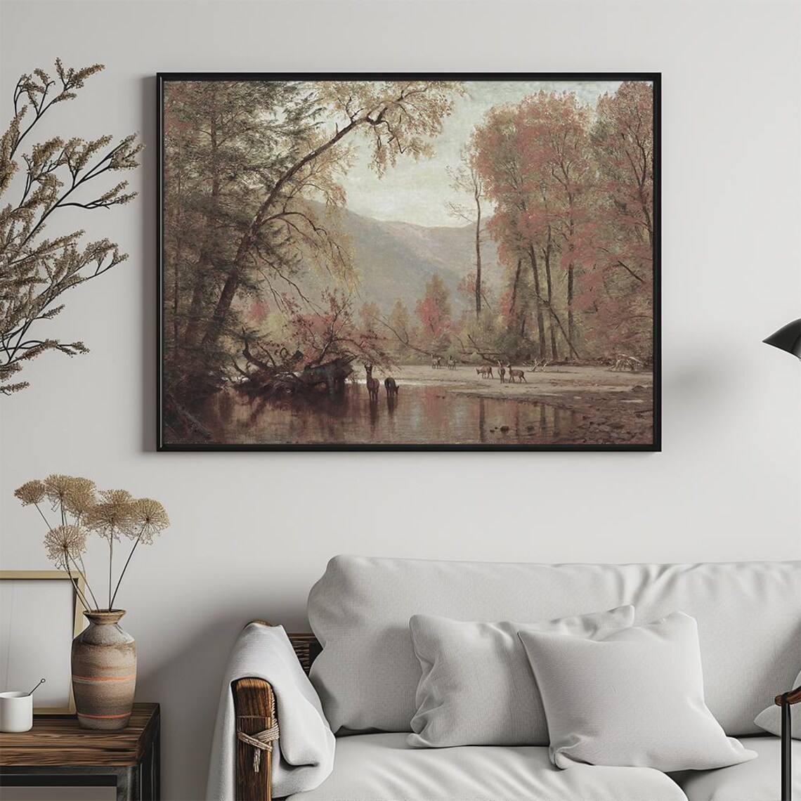 Autumn Deer River Forest Vintage Fall Landscape Oil Painting Poster - Image 5
