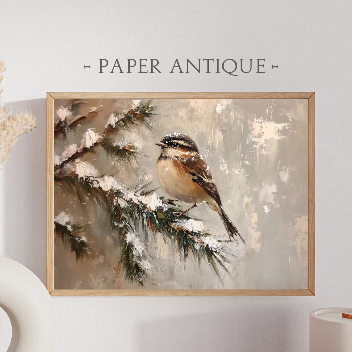 Small Bird Snowy Pine Branch Muted Winter Painting Art Poster