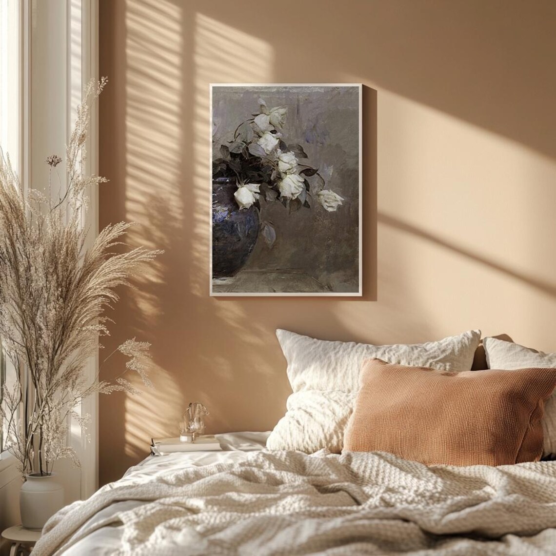 White Roses In Dark Vase Elegant Floral Still Life Painting Poster - Image 2