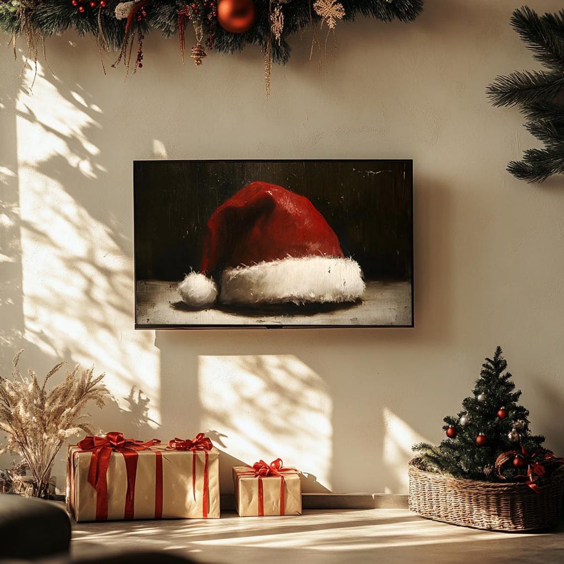 Vintage Red Santa Hat Rustic Christmas Still Life Art Poster - Image 3