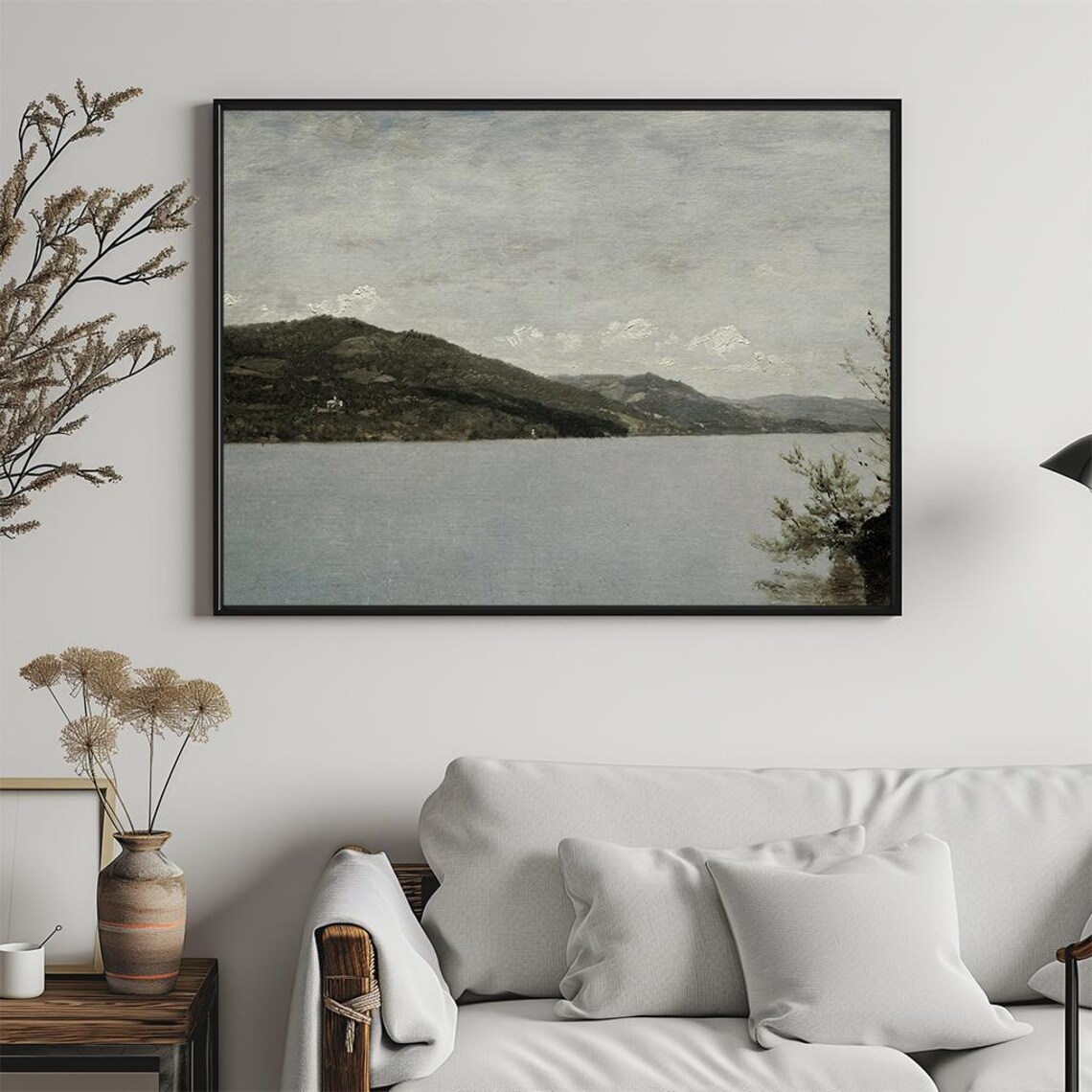 Calm Lake with Hills Trees Serene Vintage Landscape Painting Poster - Image 4