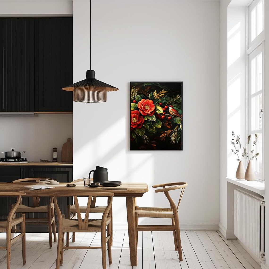 Red Camellias And Berries With Bird Moody Floral Oil Painting Poster - Image 4